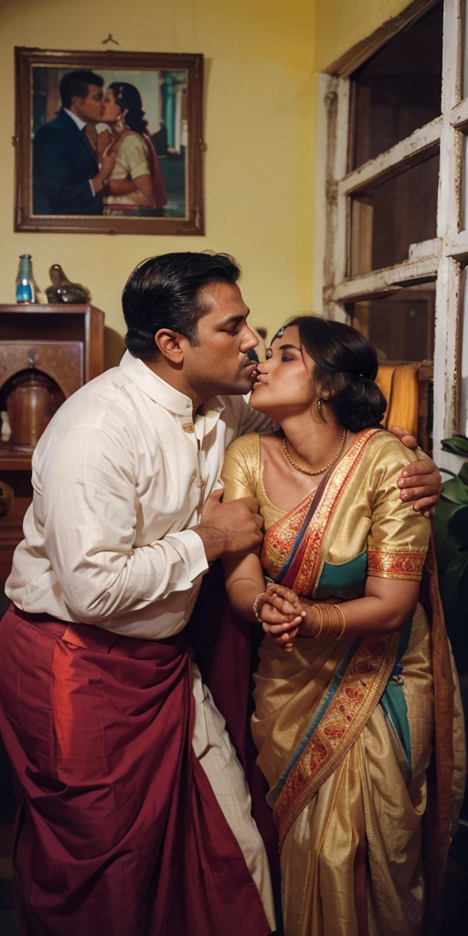 35mm film photography, A middle-aged Caucasian man with short dark hair tenderly embracing and kissing a young, curvaceous South Indian bride dressed in a traditional Indian dawani in a comfortable living room. A group of three Caucasian men observing the couple., high detail, split gradient colors background, full body image