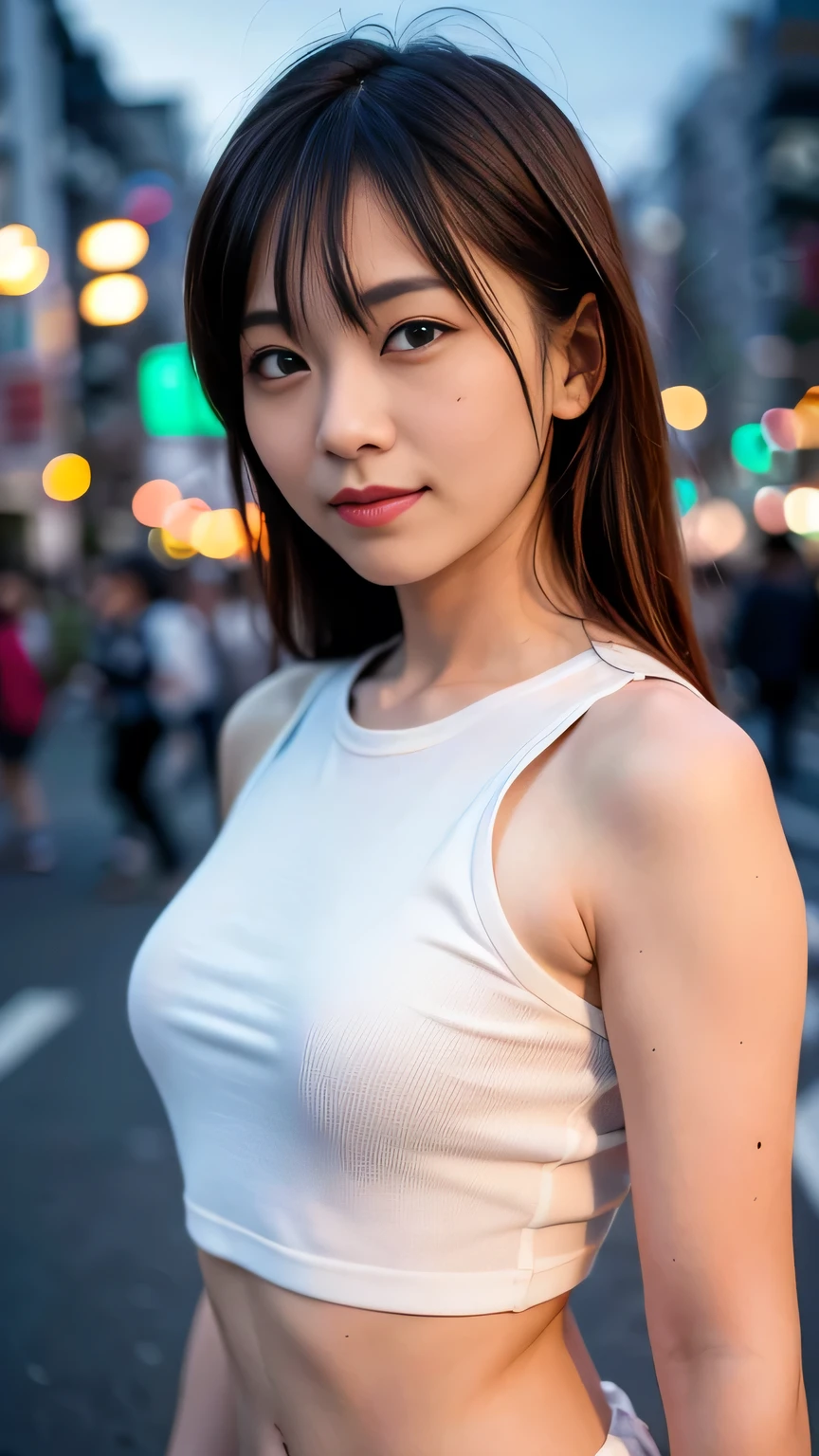1 Girl, Tokyo Street,night, Streetscape,City lights,Upper Body,close,smile,, (8K, RAW Photos, Highest quality, masterpiece:1.2),(Realistic, photo-Realistic:1.37),