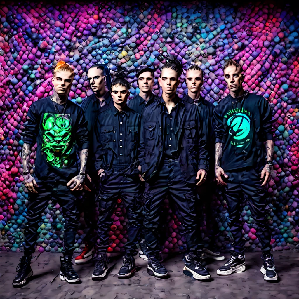 (Masterpiece, 8K, UHD, high resolution: 1.4), realistic photo of 5 members of a nu metal band, (2 women and 3 men: 1.2), (wearing 2000s nu metal style clothing: 1.3), (confident and dynamic pose for promo photo: 1.2), (background of an abandoned and worn-down location: 1.2), (some members with hair dyed blue, purple, or green: 1.2), (elements of alternative fashion and rebellious attitude: 1.3), (dark and industrial atmosphere: 1.3), (realistic and intricate details: 1.2), (elements of music and subculture: 1.2), (captivating and strong perspective: 1.3)