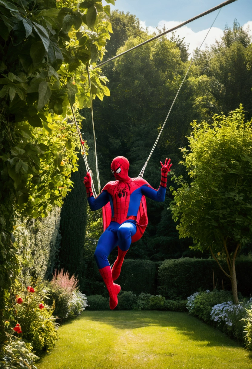 A man dressed as Spiderman who flies into the garden on a zip line and entertains 7 children with candy cones for their first day of school