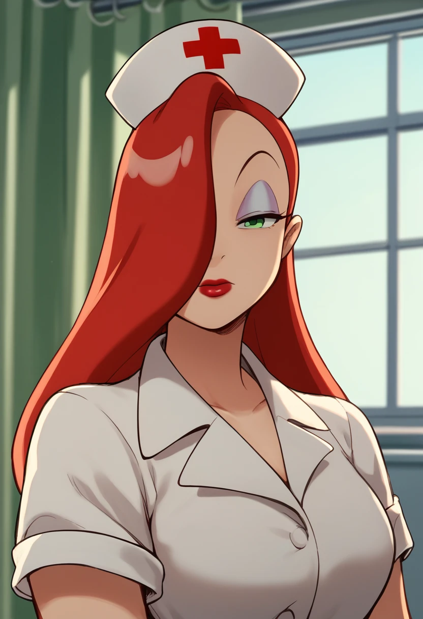 score_9, score_8_up, score_7_up, score_6_up, score_5_up, score_4_up, BREAK, source_anime,
1girl, jessicanurse, red hair, long hair, hair over one eye, green eyes, lipstick, makeup, nurse, nurse cap, miniskirt, closed mouth, 
upper body, solo, looking at viewer, indoors, hospital background     