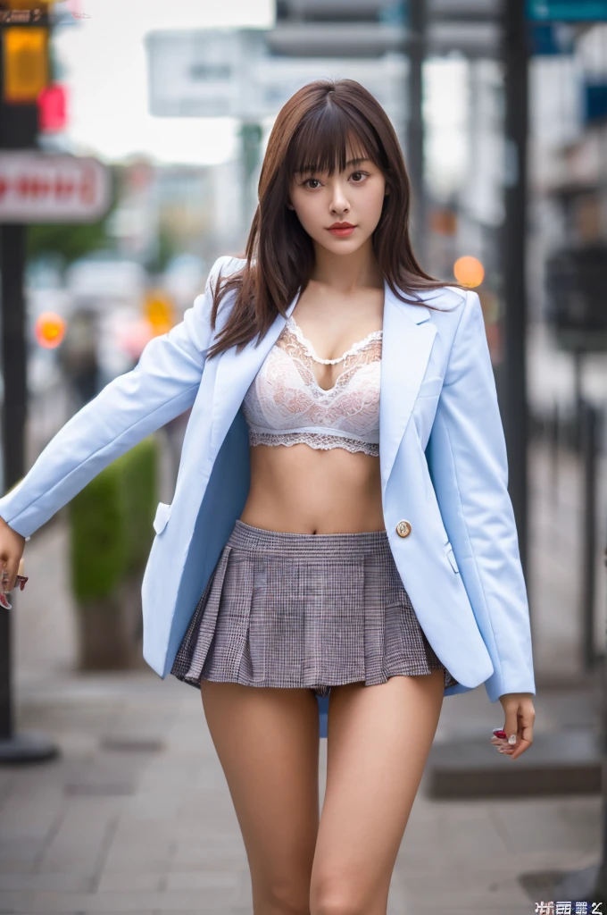 a 17 year old girl, she is the most beautiful actress in the world, the perfect body proportions of this girl, the blazer is appropriately buttoned up on her waist area of the shirt that she wears, her crotch area of the panties between her bare legs are hardly hidden by the short skirt, it's just the front of her body, it's just one description, it from right above her head to right below her shins are within the apace, she is standing straight at the street, nsfw, best quality, highly detailed, masterpiece, ultra high res, photo realistic, 8k, RAW photo