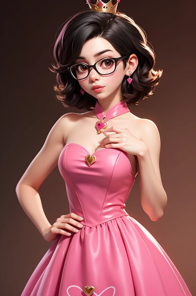 girl, short black hair, brown eyes, light brown skin, pink glasses, pink Queen of Hearts dress. 