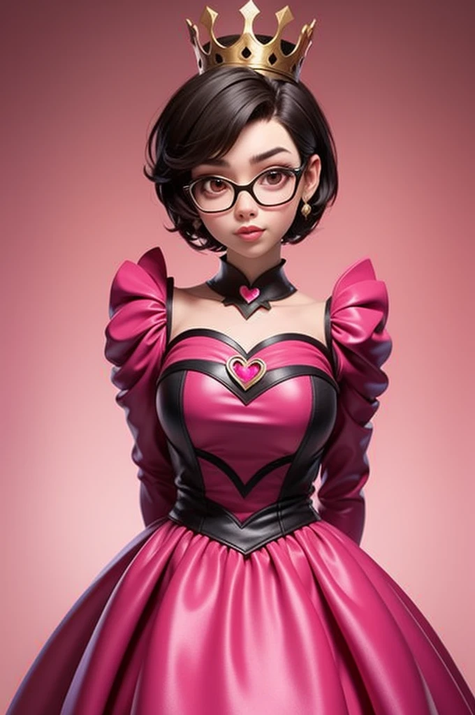 girl, short black hair, brown eyes, light brown skin, pink glasses, pink Queen of Hearts dress.