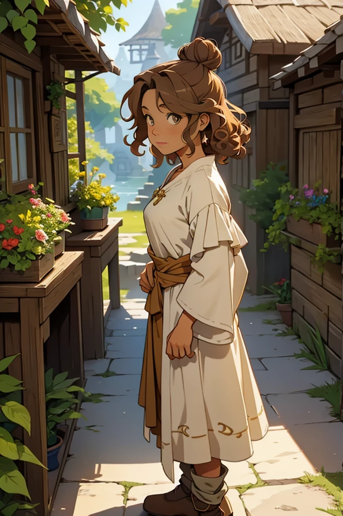 standing alone, female, bard, standing, gazing at viewer, skin tanned, fantasy village, Linen tunic, layer, Light brown bun hair, curly hair, Destaca-se