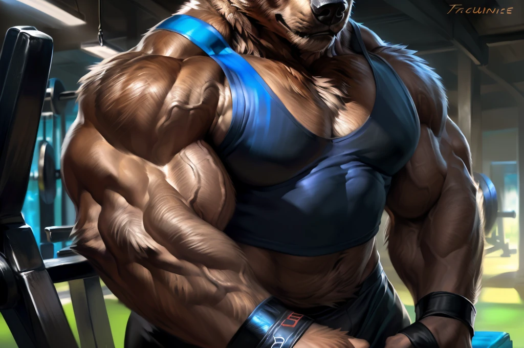 4k, high resolution, best quality, perfect colors, perfect shadows, perfect lighting, (close up, portrait, thick upper body shot), posted on e621, furry body, solo, anthro brown bear, (monotone brown fur:1.3), male, adult, (veiny biceps, bodybuilder, strongman, manly, brutal, masculine:1.4), gym background, weights equipments, correct anatomy, at the gym, (photorealistic detailed fur, epic, masterpiece:1.2), (by Taran Fiddler, by Chunie, by Rukis, Bonifasko lighting), detailed bear eyes, best posture, looking at the camera, (huge arms crossed:1.2), (detailed tactical gym tank top:1.3), (black gym shorts:1.3), (wristbands:1.4)