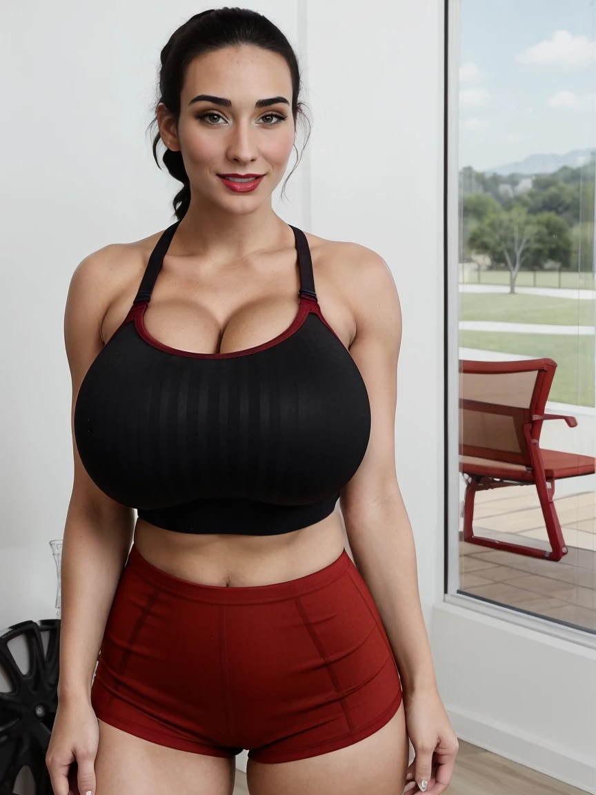 Extremely busty thin and toned brunette, gym girl, fair skin, loose updo, soft face, athletic, strapless bright (cherry red sports bra), tiny (black compression shorts). standing by a sliding glass door, gym, windows