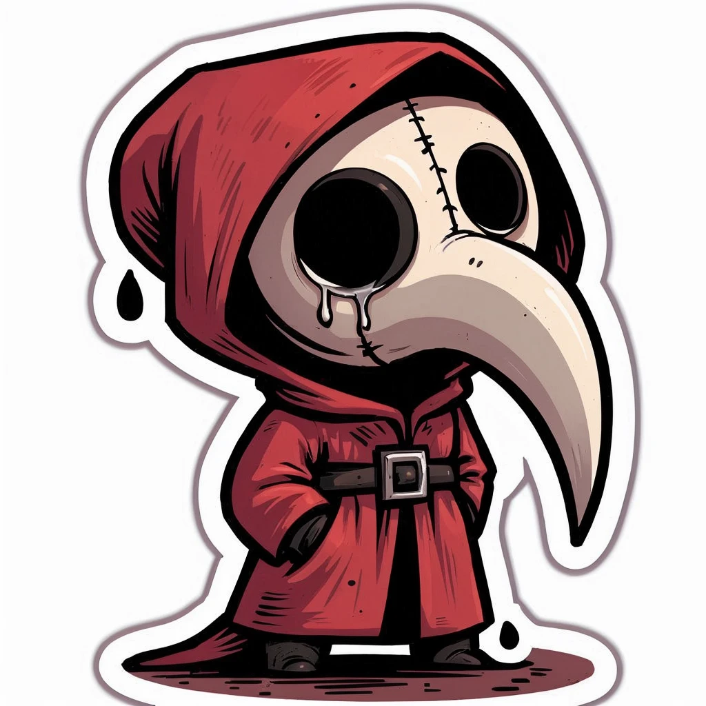 character, red plague doctor, cartoon, sticker, joyeux