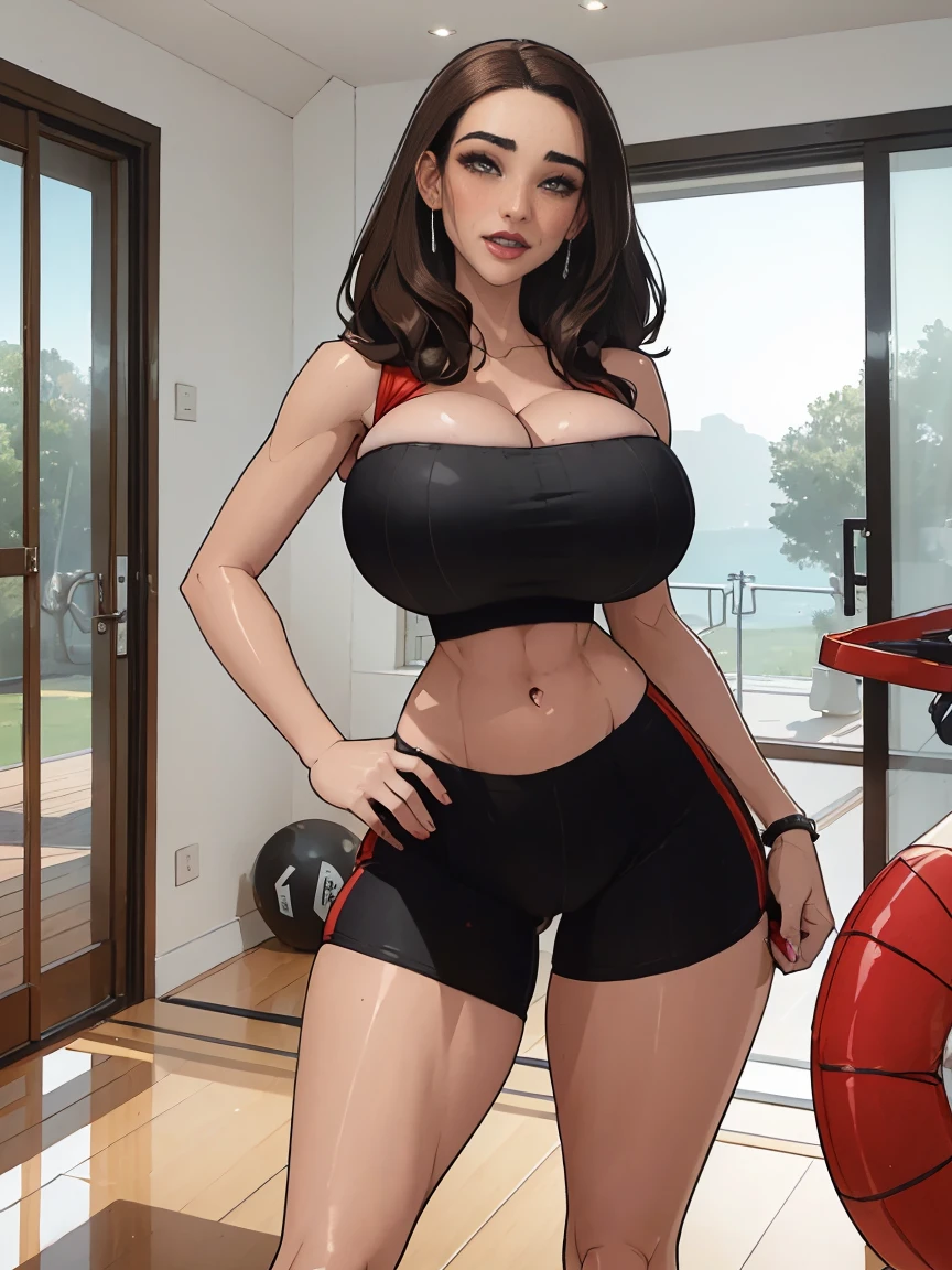 Extremely busty thin and toned brunette, gym girl, fair skin, loose updo, soft face, athletic, strapless bright (cherry red sports bra), tiny (black compression shorts).  standing by a sliding glass door, gym, windows