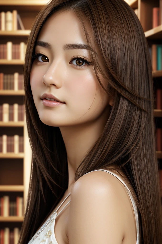 Portrait photography of beautiful realistic Japanese anime woman, oval face, almond eye shape, brown eye color, straight nose, long hair, brown hair, library background 