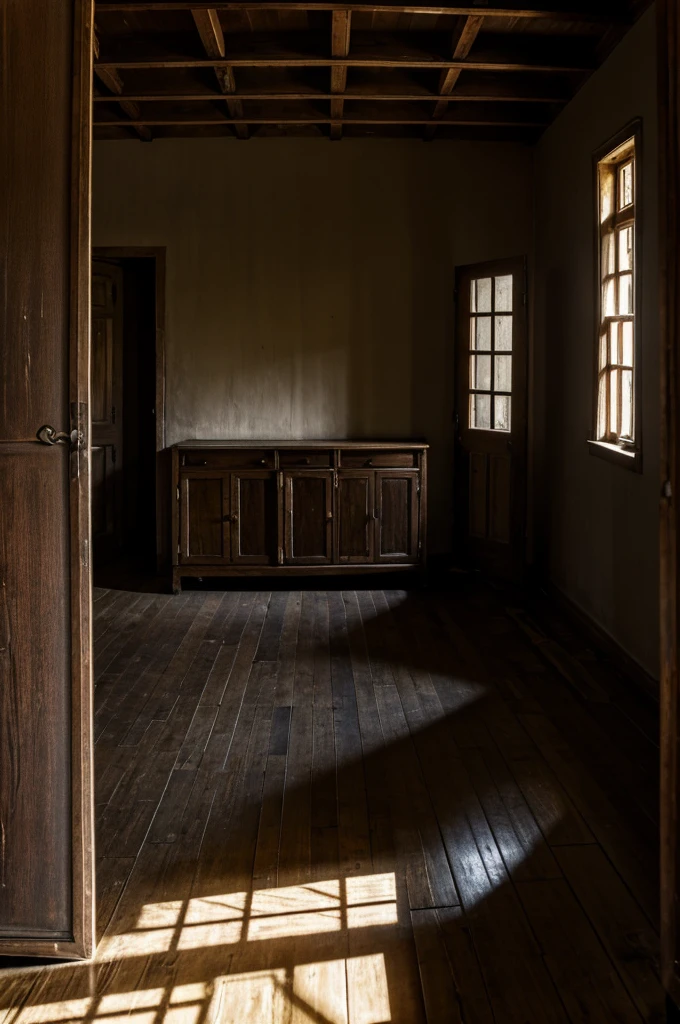 Inside the house, dark and dusty, with the creaky wooden floor, old furniture covered in cobwebs, and walls that seem to whisper.
