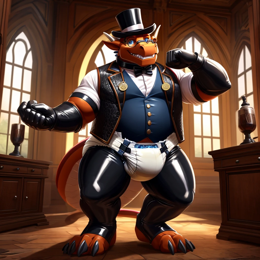 Solo, Male, fat, extremely obese, gentleman, dapper Professor Dragon, blue eyes, (posing:1.3), (soft shading), 4k, hi res, ((detailed face, detailed)), looking at viewer, mouth wide open, steampunk, collared shirt with buttons, top hat, male focus, Explorer Outfit, glasses, monocle, vest with buttons, sleeves rolled up, round eyewear, brown headwear, brown vest, Dragon is wearing a glossy leather dog collar around the neck, Dragon is wearing the leather collar and shirt and vest at the same time, Dragon is wearing glossy white rubber gloves on the hands, wearing white rubber gloves on the feet, gloves are rubber in texture, clenching teeth, clenching fists, leather collar is glossy and shiny with a lot of detail, Dragon is wearing gloves and leather collar at the same time, leather collar has a round dog-tag, leather collar is thick and detailed, leather collar is glossy and shiny, fancy clothing, dapper vest, dapper shirt, leather collar is thick, glossy leather collar, Dragon is wearing a diaper, diaper is dirty.