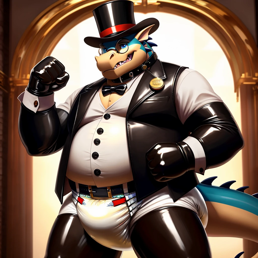 Solo, Male, fat, extremely obese, gentleman, dapper Professor Typhlosion, with a large penis and testicles, ejaculating an extreme amount of sperm from the penis, evil laugh, mob boss, blue eyes, (soft shading), 4k, hi res, ((detailed face, detailed)), steampunk, looking at viewer, mouth wide open, dapper clothing, collared shirt with buttons, top hat, male focus, Explorer Outfit, glasses, monocle, vest with buttons, sleeves rolled up, round eyewear, brown headwear, brown vest, office, Typhlosion is wearing a glossy leather dog collar around the neck, Typhlosion is wearing the leather collar and shirt and vest at the same time, Typhlosion is wearing glossy white rubber gloves on the hands, wearing white rubber gloves on the feet, gloves are rubber in texture, one hand rubbing penis and the other hand on the leg, leather collar is glossy and shiny with a lot of detail, Typhlosion is wearing gloves and leather collar at the same time, leather collar has a round dog-tag, leather collar is thick and detailed, leather collar is glossy and shiny, fancy clothing, dapper vest, dapper shirt, leather collar is thick, glossy leather collar, dapper leather collar, sperm is sticky in texture.