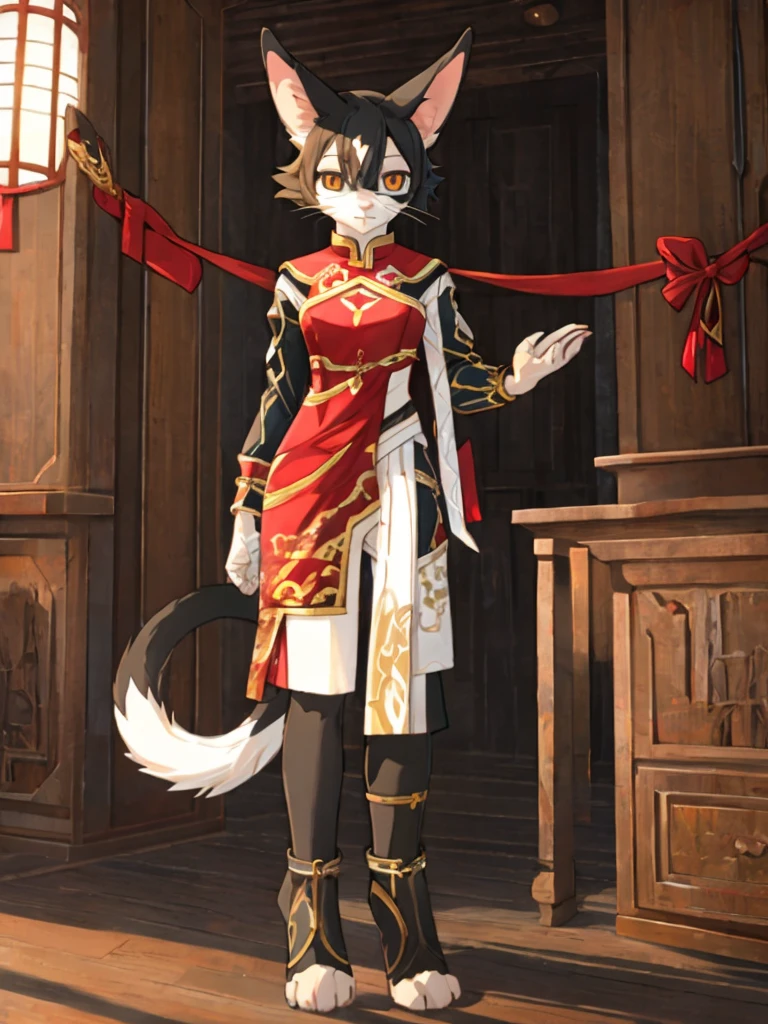full height. anthropomorphic cat. little height. black fur. chinese costume. ribbons. pancake tail. long ears. thin cat paws. no hair
