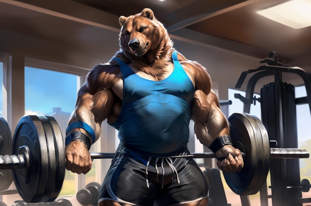 4k, high resolution, best quality, perfect colors, perfect shadows, perfect lighting, (thick upper body), posted on e621, furry body, solo, anthro brown bear, (monotone brown fur:1.3), male, adult, (veiny biceps, bodybuilder, strongman, manly, brutal, masculine:1.4), gym background, weights equipments, correct anatomy, at the gym, (photorealistic detailed fur, epic, masterpiece:1.2), (by Taran Fiddler, by Chunie, by Rukis, Bonifasko lighting), detailed bear eyes, best posture, looking at the camera, (huge arms crossed:1.2), (detailed tactical gym tank top:1.3), (black gym shorts:1.3), (wristbands:1.4)