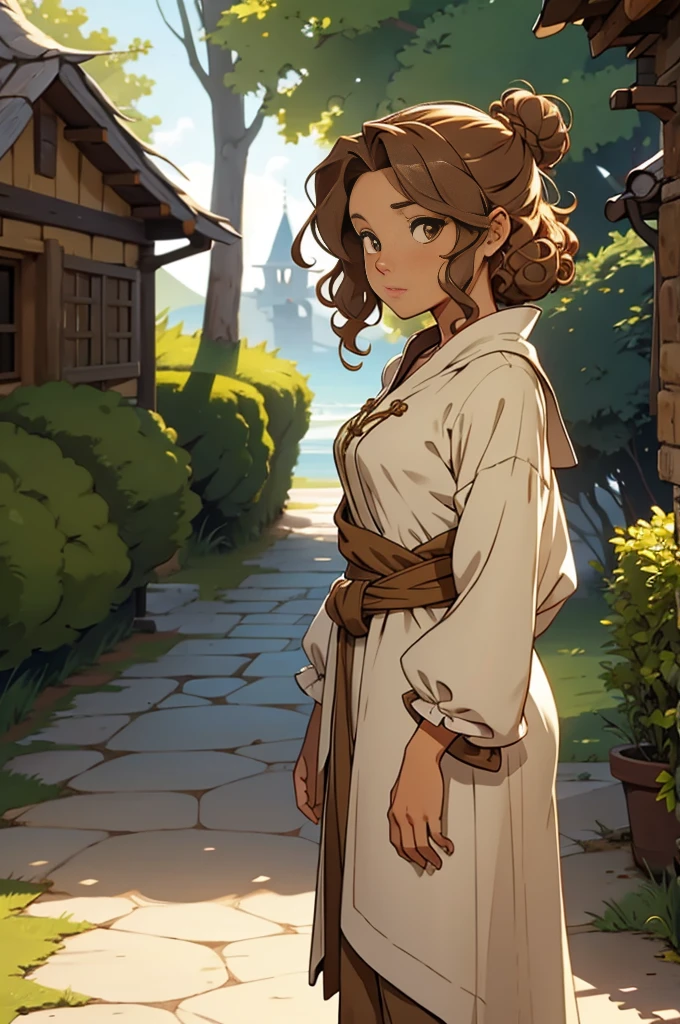standing alone, female, bard, standing, gazing at viewer, skin tanned, fantasy village, Linen tunic, layer, Light brown bun hair, curly hair, Destaca-se