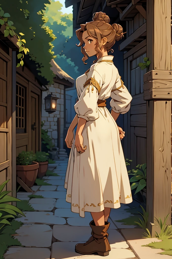 standing alone, female, bard, standing, gazing at viewer, skin tanned, fantasy village, Linen tunic, layer, Light brown bun hair, curly hair, Destaca-se