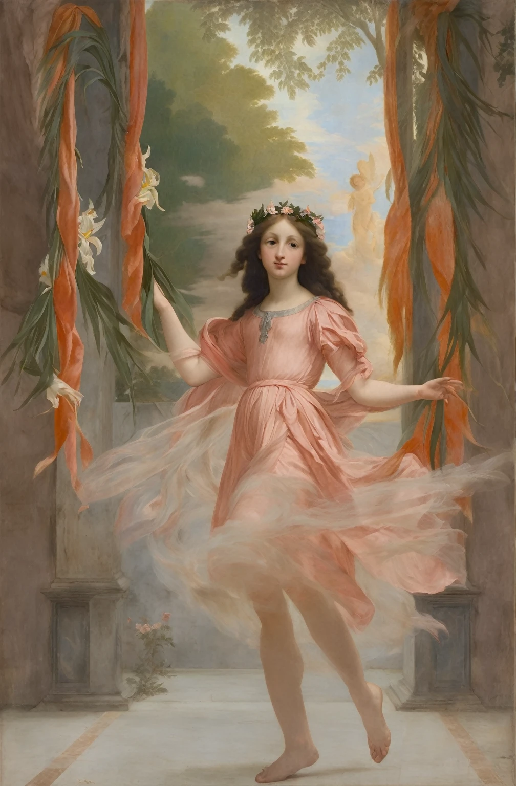 allegory, (teen angel with a wreath of lilies), dark clouds, pink/gray/sepia, Renaissance, graininess, worn canvas, scuff gradient, ((Tiepolo/Fra Angelico/Titian style)),chiaroscuro, oil, acrylic, intricate, extreme detail, complex key, ((single shot)), ((best quality)), ((masterpiece)), ((Pre-Raphaelism)), 8k, impressionism: 0.2 full hd wallpaper