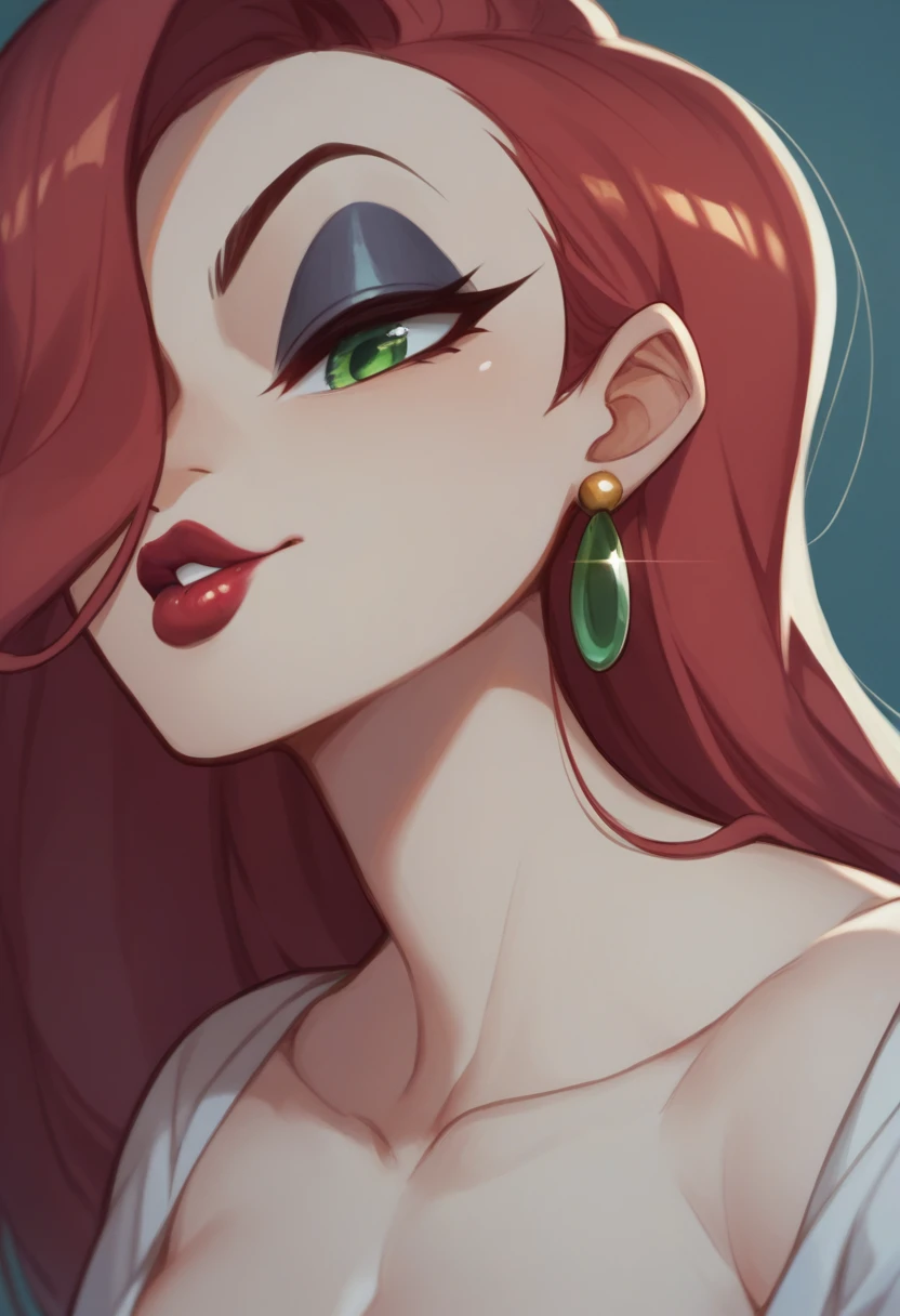 score_9, score_8_up, score_7_up, score_6_up, score_5_up, score_4_up, BREAK, 1girl, red hair, long hair, hair over one eye, green eyes, lipstick, makeup, earrings