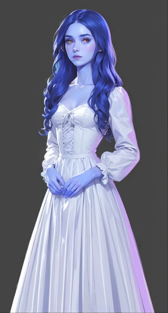 masterpiece, young woman, white dress, victorian dress, blue skin, wavy hair