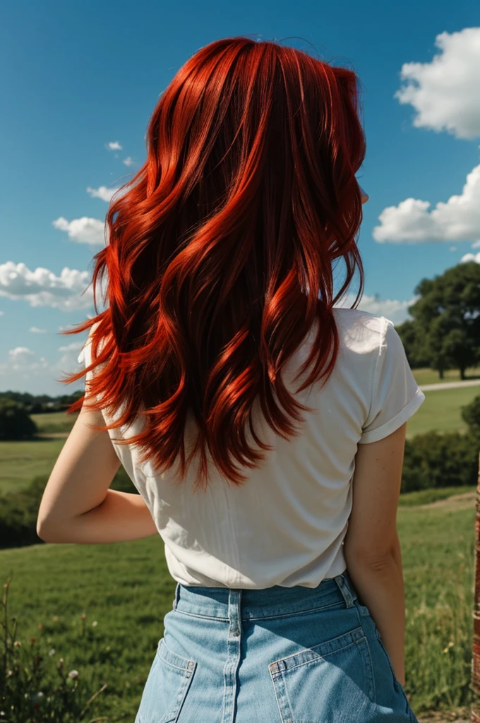 Red haired woman from back looking at the sky