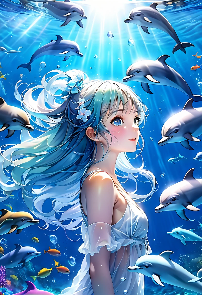A picture of a dolphin swimming in a colorful sea, Light blue long hair、Beautiful girl with twin tails、Inspired by Cyril Rolland, Beautiful artwork illustration, Colorful concept art, Cyril Rolland style, Very detailedな水彩画 8k, Very detailedな水彩画 8 K,Octane,end,Realistic,Clear lines, High Sharpness,Highest quality, Very detailed, Master Parts, Cinematic lighting effects, 4K