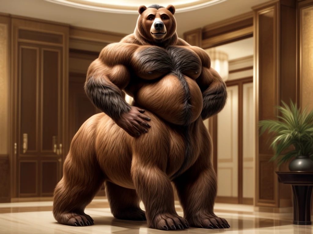 furry, fur taur, beartaur, middle-age, solo, detailed face, bear ears, bear eyes(brown), bear nose(black), bear mouth, garibaldi beard(white), mature hair(white), detailed arms, thick arms, muscular, thick hands(5 fingers), detailed body belly, thick body, muscle belly(brown), thick chest, chest hair(black), detailed taur body, thick taur body, thick bear paws, thick bear tail, full body shot, standing in the hotel lobby