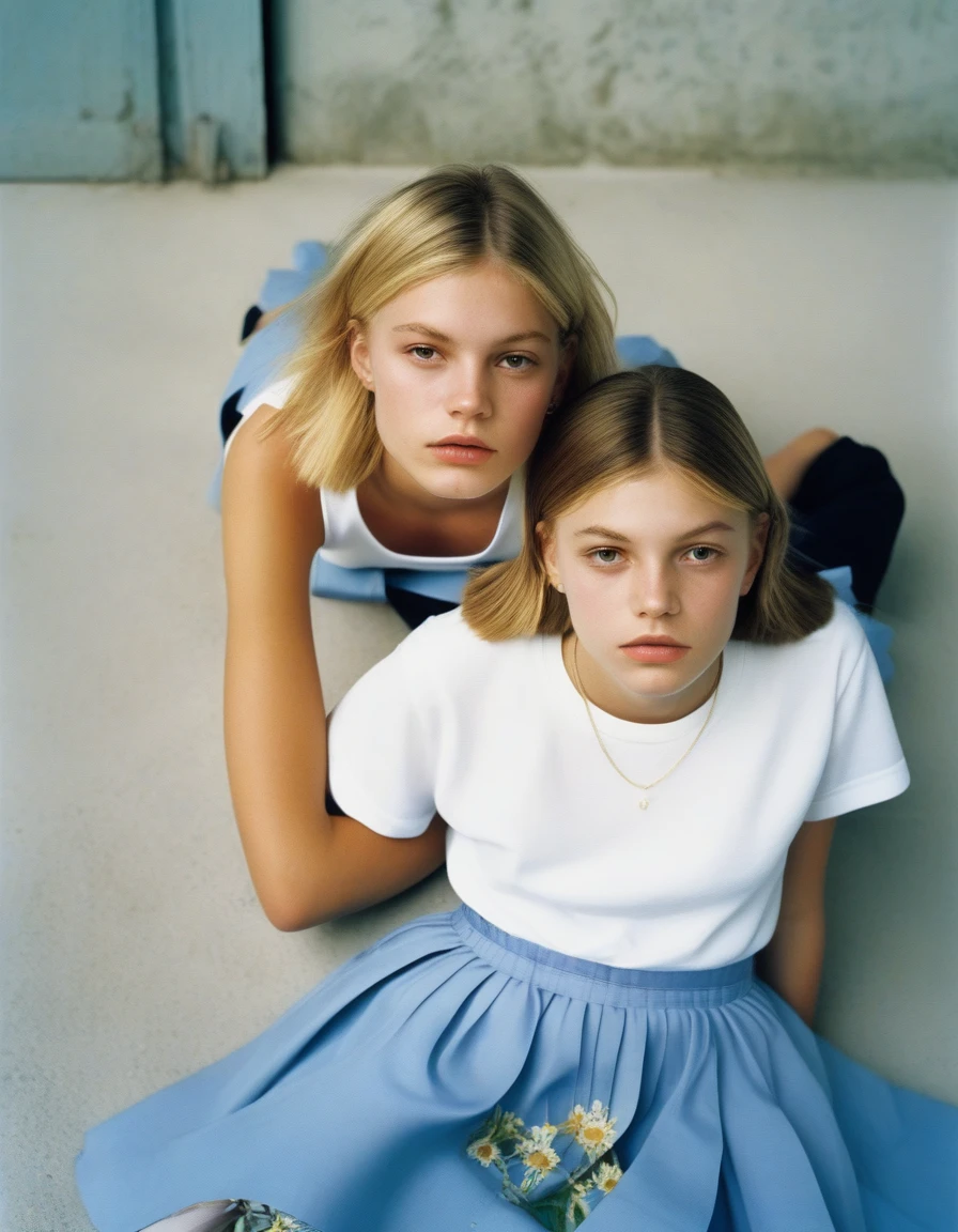 Two girls sitting on the ground ((with skirts):1.9), looking at the camera, Two girls, young girls, Im Stil von Alasdair McLellan, inspired by Martin Schoeller, als Mode-Editorial der 90er, Girls resting, Sisters, im Stil von Petra Collins, Young teenagers, William Eggleston Stil, im Stil von Nan Goldin, hila klein