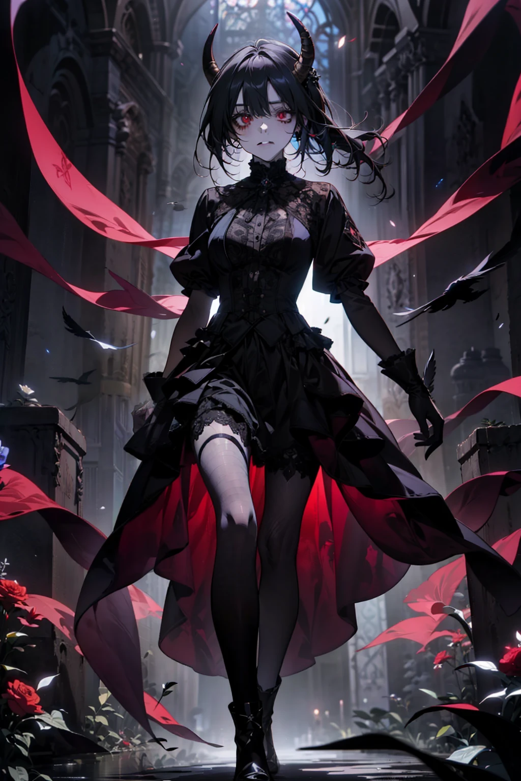 anime girl in a butler outfit, short black hair, red crimson eyes, closed mouth, serious, full body shot, demon horns, gloves, anime, Gothic art, high details, high quality, 4K, HD, masterpiece, anatomically correct