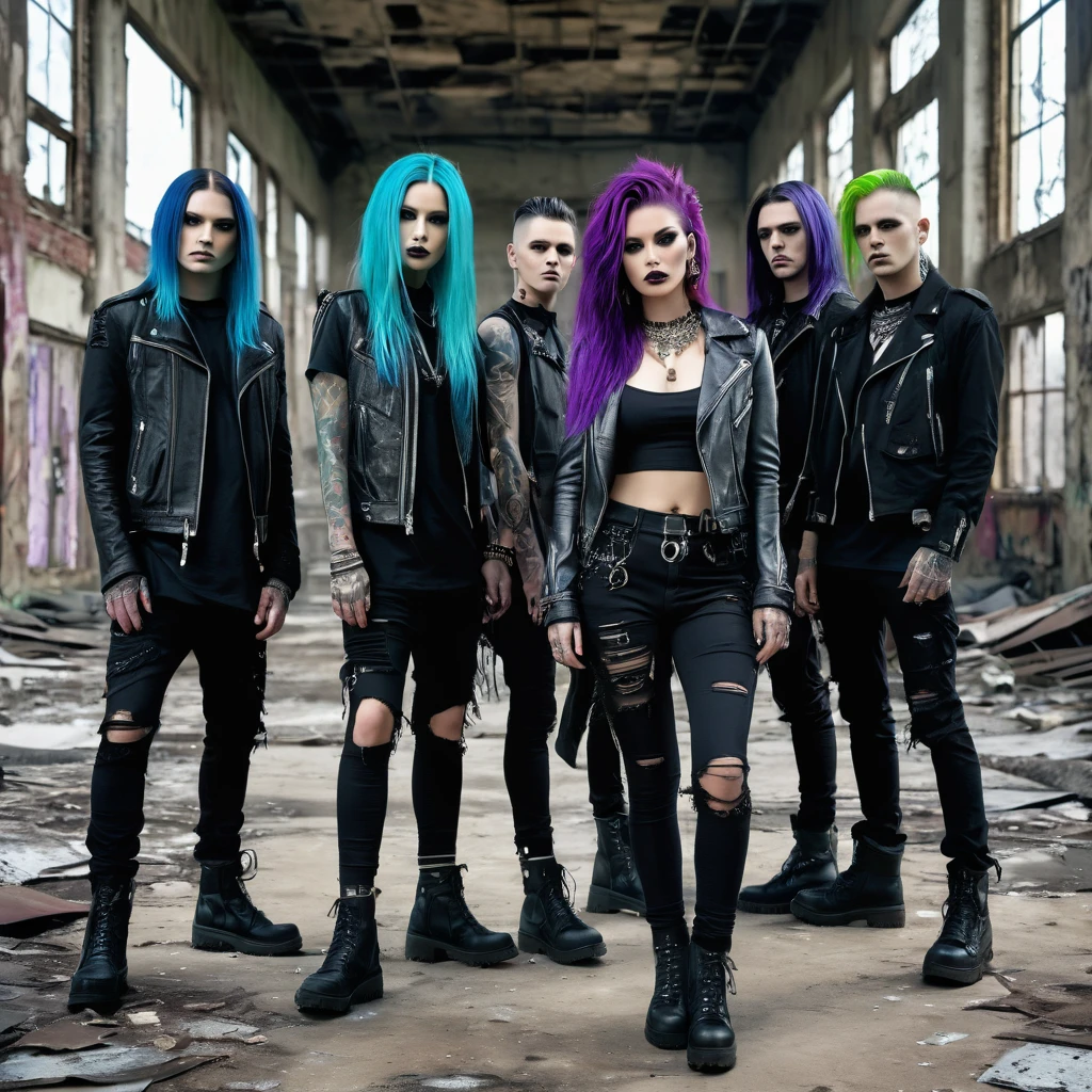 (Masterpiece, 8K, UHD, high resolution: 1.4), realistic photo of 5 members of a nu metal band, (2 women and 3 men: 1.2), (wearing 2000s nu metal style clothing: 1.3), (confident and dynamic pose for promo photo: 1.2), (background of an abandoned and worn-down location: 1.2), (some members with hair dyed blue, purple, or green: 1.2), (elements of alternative fashion and rebellious attitude: 1.3), (dark and industrial atmosphere: 1.3), (realistic and intricate details: 1.2), (elements of music and subculture: 1.2), (captivating and strong perspective: 1.3)