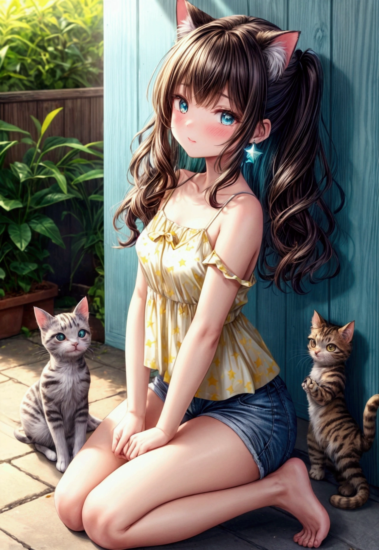 1 beautiful 20 year old girl, anime girl, yellow tight blouse , chest neckline, printed blouse, small blue tight shorts, Casual clothes, beautiful body figure, dark brown hair, wavy hair, wide, aqua eyes, bright Eyes, blush, labis brillantes, star earrings, pair of white and blue renis, Best Quality, high resolution, Different image, (many (detailed) little cats) and a girl:1.3), focus on the cat, little (detailed) cats around girl background is an alley, detailed sunlight, session, girl looking at viewer, front view, (cats looking at viewer:1.2), session on the floor grasping knees, (happy:1.3) , (Kitten)