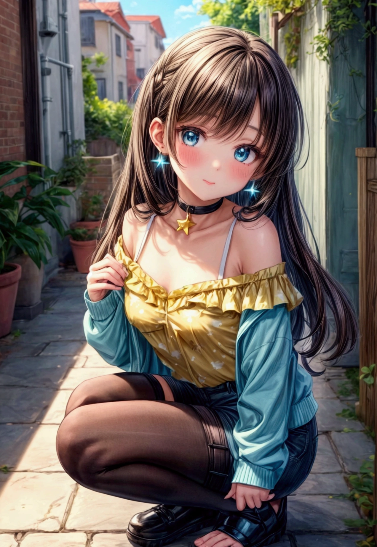 1 beautiful 20 year old girl, anime girl, yellow tight blouse , chest neckline, printed blouse, small blue tight shorts, Casual clothes, beautiful body figure, dark brown hair, wavy hair, wide, aqua eyes, bright Eyes, blush, labis brillantes, star earrings, pair of white and blue renis, Best Quality, high resolution, Different image, (many (detailed) little cats) and a girl:1.3), focus on the cat, little (detailed) cats around girl background is an alley, detailed sunlight, session, girl looking at viewer, front view, (cats looking at viewer:1.2), session on the floor grasping knees, (happy:1.3) , (Kitten)