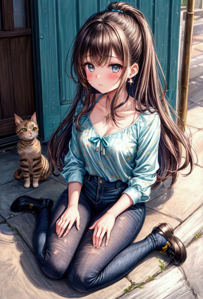 1 beautiful 20 year old girl, anime girl, yellow tight blouse , chest neckline, printed blouse, small blue tight shorts, Casual clothes, beautiful body figure, dark brown hair, wavy hair, wide, aqua eyes, bright Eyes, blush, labis brillantes, star earrings, pair of white and blue renis, Best Quality, high resolution, Different image, (many (detailed) little cats) and a girl:1.3), focus on the cat, little (detailed) cats around girl background is an alley, detailed sunlight, session, girl looking at viewer, front view, (cats looking at viewer:1.2), session on the floor grasping knees, (happy:1.3) , (Kitten)
