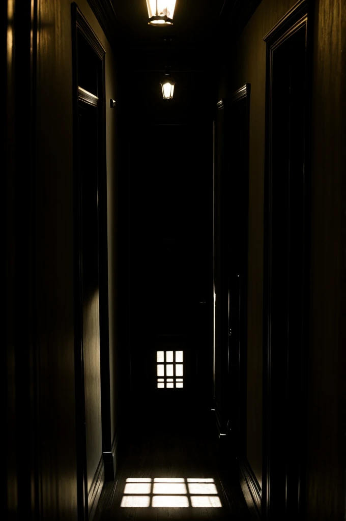 A dark hallway inside the house with diffuse shadows and whispers visible as small eddies of air, creating an atmosphere of mystery and fear.
