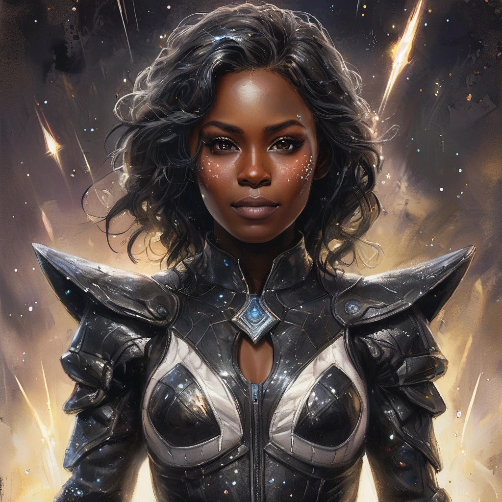  a battle angel portrait, beautiful black skin with sparkles and glitter, long long hair, shiny and lightening eyes detailed skin, image is compelling with dynamic composition and energetic posing. Include many fantasy details such as bumps, phantasmal iridescence, glitter, galaxy, cosmos, ((dark celestialskin body, void cosmic body)), (((dark background))), (((lights off))), (((hollywood dark))), horror, dramatic shadows, (in a dark fantasy space:1.3, glitter, sparkle, gleam) vector digital illustration, (black background:1.5)sharp