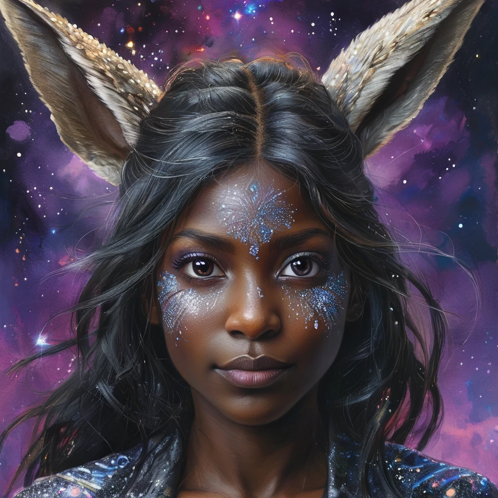  a battle angel portrait, beautiful black skin with sparkles and glitter, long long hair, shiny and lightening eyes detailed skin, image is compelling with dynamic composition and energetic posing. Include many fantasy details such as bumps, phantasmal iridescence, glitter, galaxy, cosmos, ((dark celestialskin body, void cosmic body)), (((dark background))), (((lights off))), (((hollywood dark))), horror, dramatic shadows, (in a dark fantasy space:1.3, glitter, sparkle, gleam) vector digital illustration, (black background:1.5)sharp