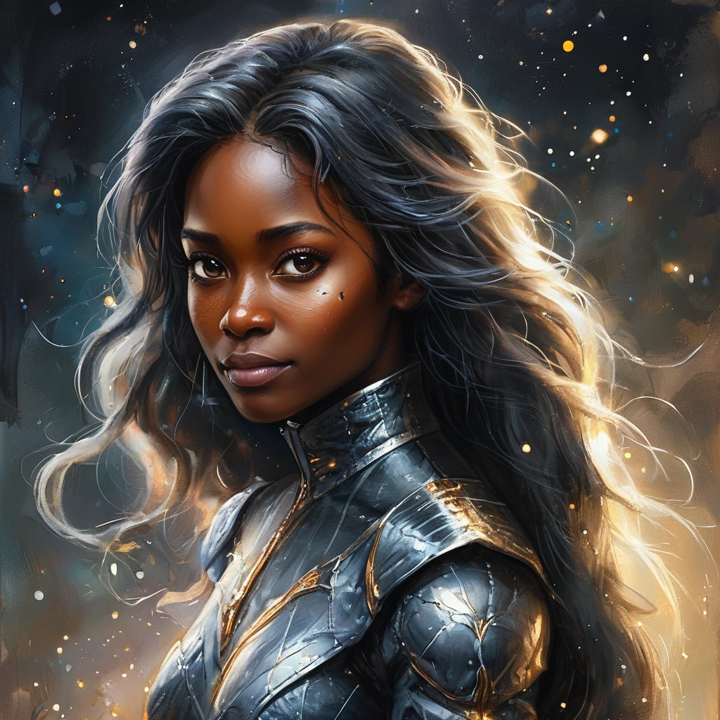  a battle angel portrait, beautiful black skin with sparkles and glitter, long long hair, shiny and lightening eyes detailed skin, image is compelling with dynamic composition and energetic posing. Include many fantasy details such as bumps, phantasmal iridescence, glitter, galaxy, cosmos, ((dark celestialskin body, void cosmic body)), (((dark background))), (((lights off))), (((hollywood dark))), horror, dramatic shadows, (in a dark fantasy space:1.3, glitter, sparkle, gleam) vector digital illustration, (black background:1.5)sharp