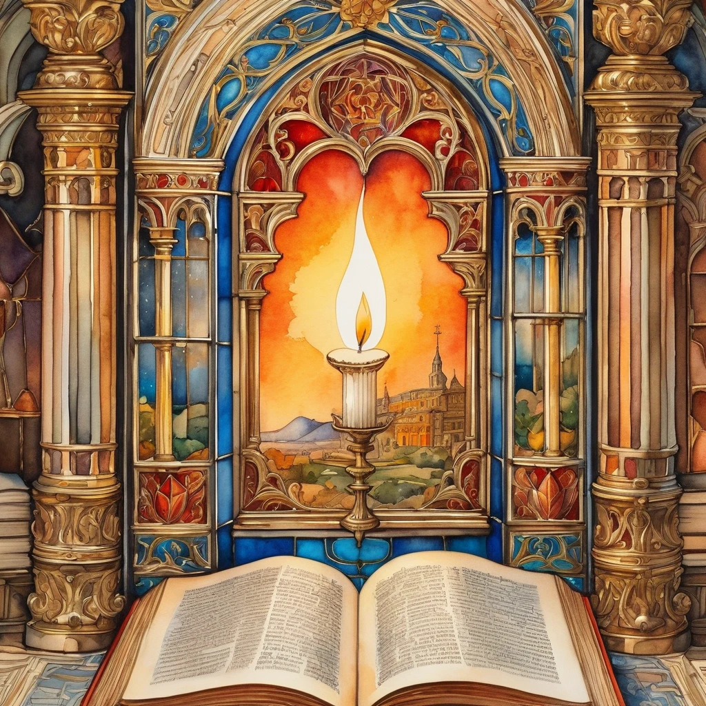 a detailed watercolor illustration of literature and art during the time of jesus, beautiful intricate calligraphic text, ornate illuminated manuscripts, antique books, quill pens, candles, classical architecture, stained glass windows, ornate religious iconography, warm color palette, soft lighting, highly detailed, masterpiece, photorealistic