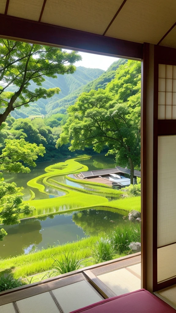 In the summer sunshine、The sliding window in the Japanese-style room is fully open.。There is a veranda on the other side of the window.、A girl in a T-shirt is lying on the veranda。Outside, the nostalgic scenery of the Japanese countryside spreads out before you.、green々Rice fields and mountains in the distance々、And the trees swaying in the wind々The green of the。In the background、You can almost hear the chirping of cicadas and the murmuring of a distant river.、A quiet and calm summer afternoon scene unfolds.。