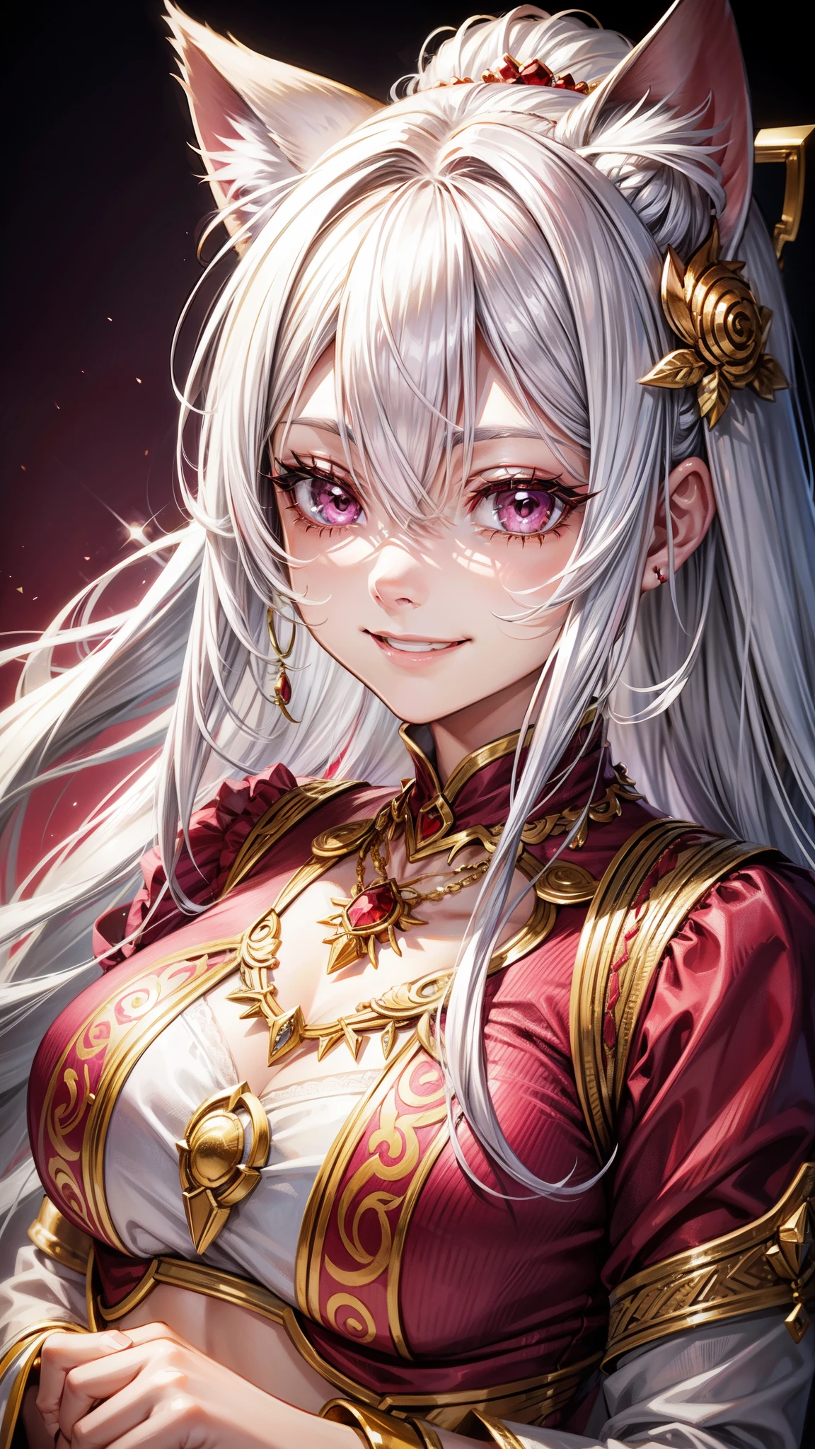Silver hair, pink eyes, older woman, red and gold clothes, hair ornament, cat ears, necklace, long hair, smiling face, upper body