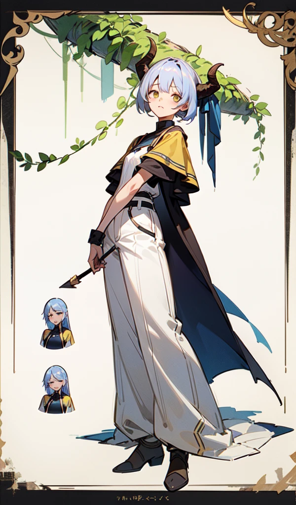 sketch (Character Design Sheet, Same characters, whole body, Three-species, Front, ~ ~ ~ side, Come back),(Very bright:1.1), White background, [1 girl:7], (tilted his head:1.2), ([sketch|watercolor \(Temperate\)]:1.15),whole body, Yellow medieval summer girl, concept, vines on the hand and horns from the vines, full length, whole body, magic hunter, White shorts, SFV