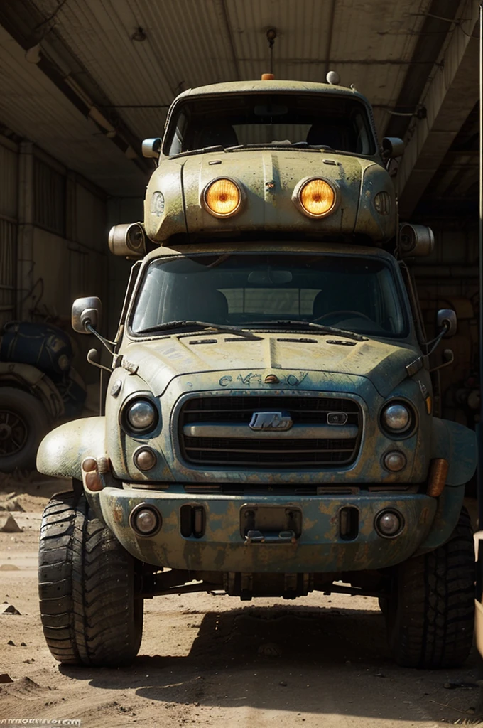 Create a funny vehicle, which is a mixture of two or more everyday objects. The design of the vehicle should be very creative and unique. The vehicle should fit into the Fallout video game universe, but at the same time have a slight Pixar Studios charm. Use warm lighting, to create a friendly atmosphere, and render the image in extremely high quality.