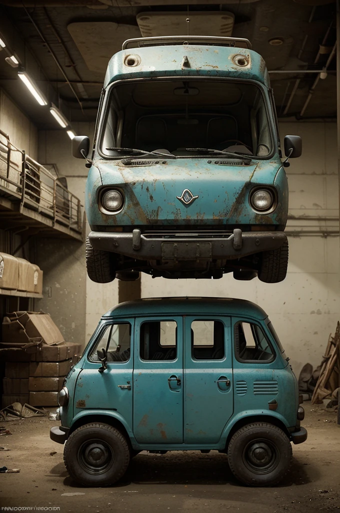 Create a funny vehicle, which is a mixture of two or more everyday objects. The design of the vehicle should be very creative and unique. The vehicle should fit into the Fallout video game universe, but at the same time have a slight Pixar Studios charm. Use warm lighting, to create a friendly atmosphere, and render the image in extremely high quality.