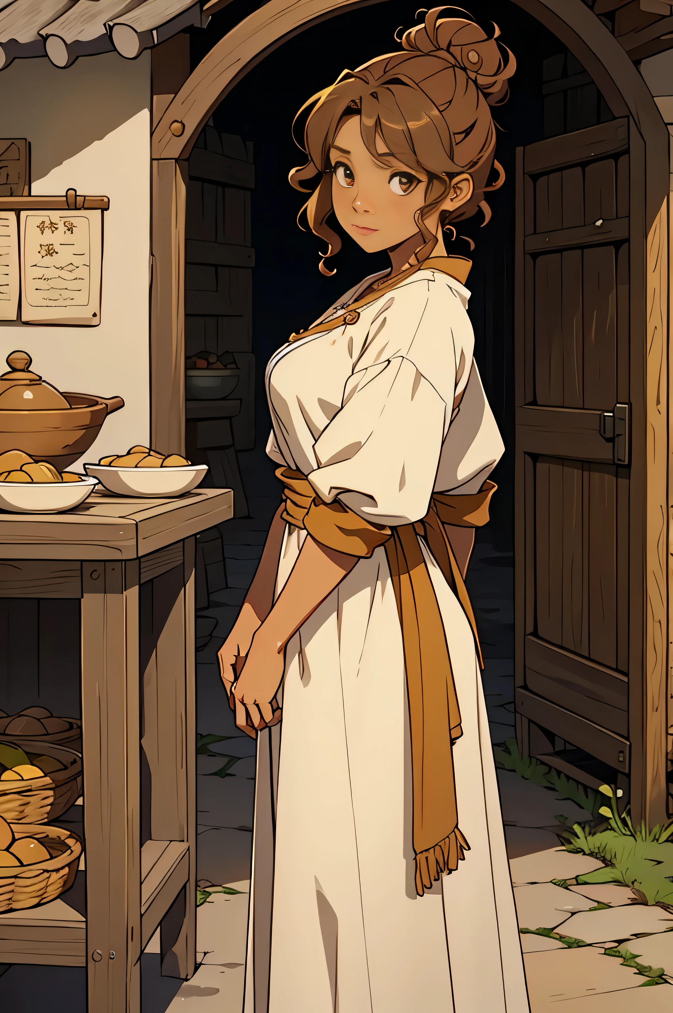 standing alone, female, bard, standing, gazing at viewer, skin tanned, fantasy village, Linen tunic, layer, Light brown bun hair, curly hair, Destaca-se
