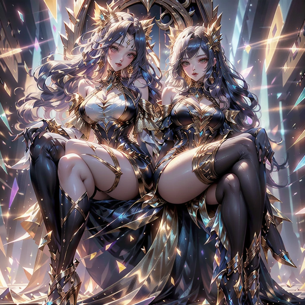 ((best quality)), ((Masterpiece)), (details), beautiful woman, proportionate , open shoulder sweater, Sitting on a throne chair , realistically , KDA gold set , short skirt , Dress showing waist , high-heels , Fine gold jewelry , Full Body , black stockings , long golden hair