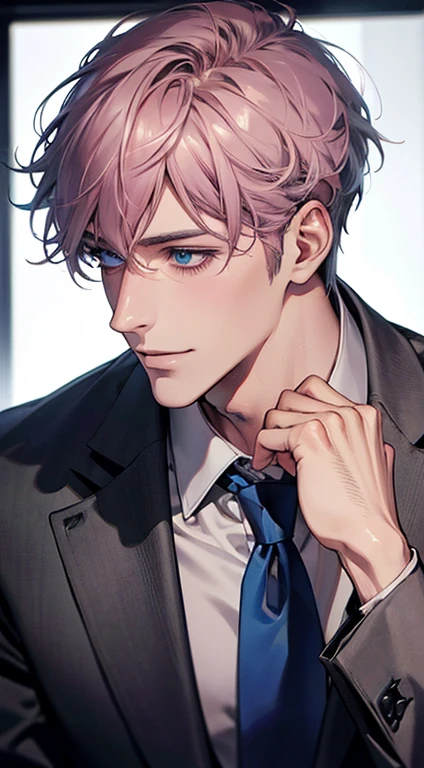 (Highest quality,4K,8K,High resolution,masterpiece:1.2),Super detailed,(Realistic,photoRealistic,photo-Realistic:1.37),1 person,31 years old,Mature Men,Beautiful skin、Profile、very handsome,Expressionless,smile,Short gray pink hair,blue eyes,Sharp Eyes,A perfect face without a doubt,Businessman,Office Background,Cinema Lighting,HDR image,tie、