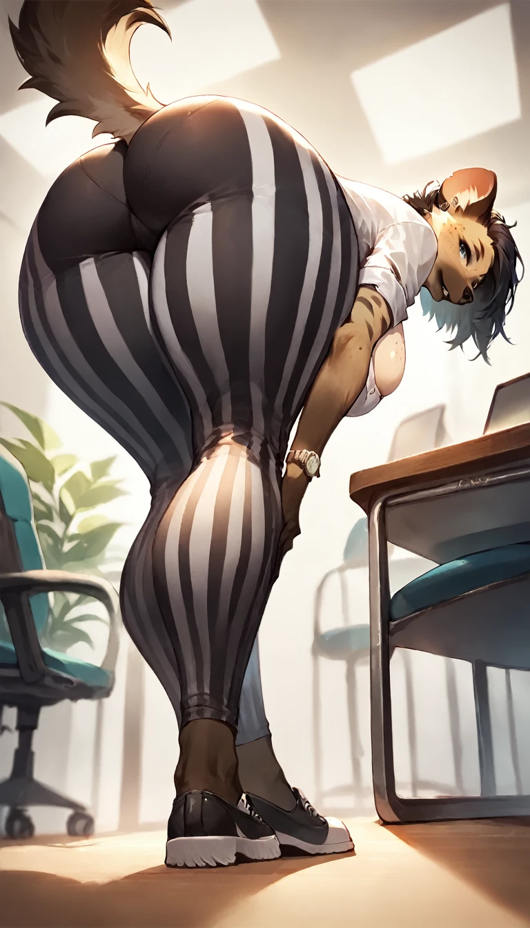 score_9, score_8_up, score_7_up, score_6_up, score_5_up, score_4_up, (solo), female anthro hyena, secretary clothes, striped yoga pants, lusty, fluffy body, black hair, freckles, freckles on face, black eyes, (thick thighs:1.5) ( offering her butt) sex partial clothes, cleavage semi-butonned uniform niform, (barely_visible_booba) (she is standing) , giant breasts, bent over, focus on ass, watch your back, biki big ass sexy ass sexy but invitation, ((low angle view))