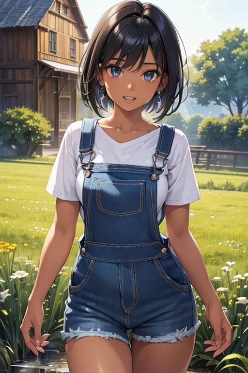 #Basics A girl is posing for a photo, animeのかわいい女の子, (((One Girl, Baby Face, Young girl, 16 years old))), 
BREAK 

#Clothing Accessories 
((Blue denim overalls:1.4) + Under the overalls(Black short sleeve)Wearing a shirt + (From the waist down, long blue denim jeans) + Light blue sneakers), 
Red gemstone earrings, fancy silver necklace,  
BREAK 

#Features 
((Black Hair)), (Diagonal bangs), (Very short hair:0.3 + Thin Hair),  
(Droopy eyes, blue eyes), (Small breasts), ((Tanned and dark skin:1.4)), 
BREAK 

#background environment 
(noon、(Sunlit field, Waterways, Rural landscape, Watermill)), 
# Expression Pose
((smile:1.5 + Teeth are visible + Laughing with open mouth), (A relaxed pose with your arms naturally hanging down at your sides)), 
#composition 
((Face the camera, Cowboy Shot)),  
BREAK 

#Body parts elements 
(Detailed hair, Beautiful Hair, Shiny Hair), 
(double eyelid, Long eyelashes), 
(Expression of fine eyes, Beautiful and delicate eyes, Sparkling eyes, Eye Reflexes, Glitter Eyeliner), 
(Human Ear), 
(Beautiful Nose, Thin Nose), 
(Glossy lips, Beautiful Lips, Thick lips, Glossy Lips, Natural Cheeks), 
(Detailed face, Symmetrical  features), 
(Detailed skin, Textured skin, Beautiful Skin, Shiny skin), 
BREAK 

#Quality 
(((Highest quality)), ((masterpiece)), ((Very detailed))), ((High resolution), (16K,1080P)), 
(Realistic), (Anatomically correct), 
((comics, anime)), (3DCG), CG illustration,
