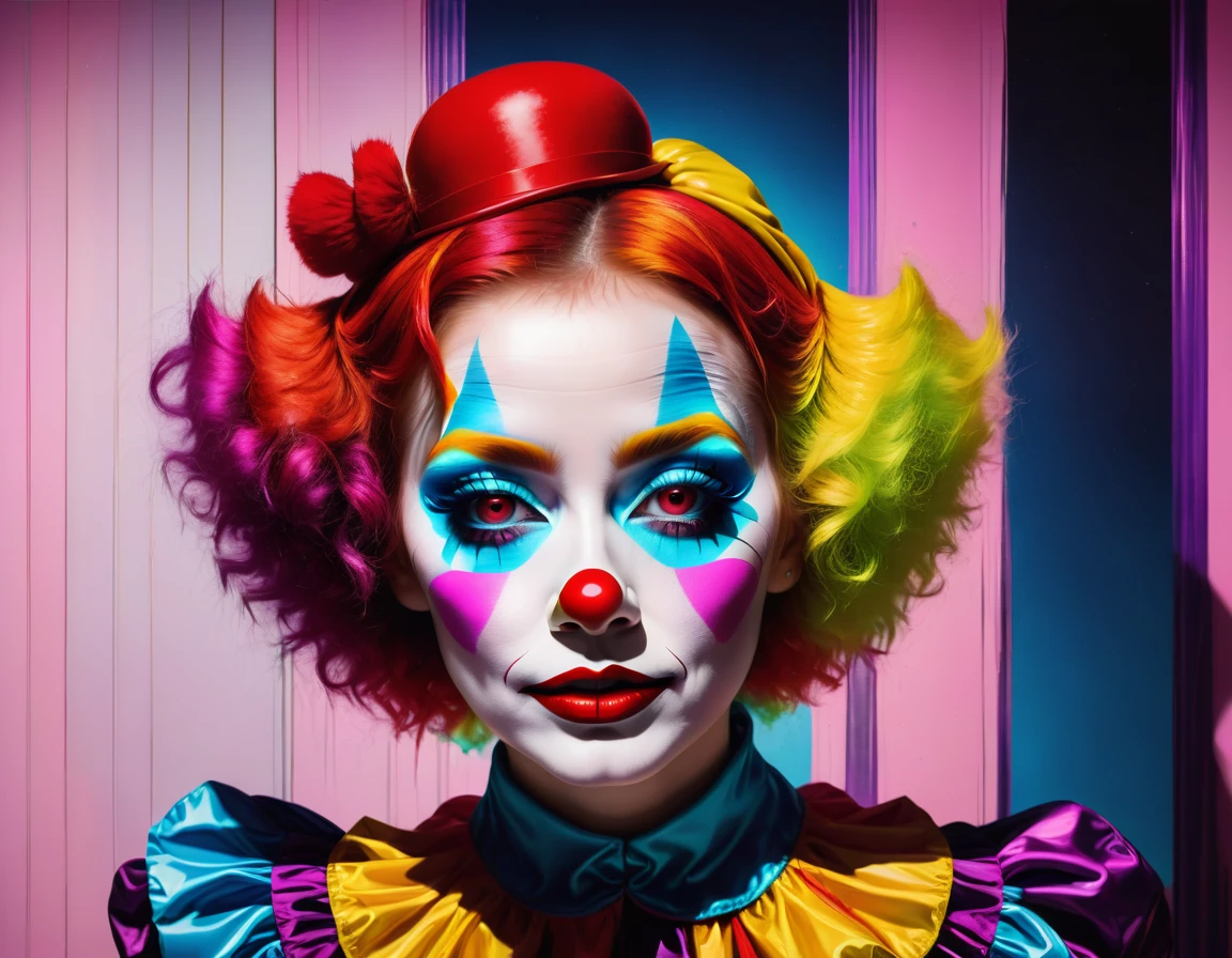 1 woman clown makeup, MYSTERY, in the style of Andy Warhol, vibrant, futuristic, classic, --aspect 16:9 --c 75