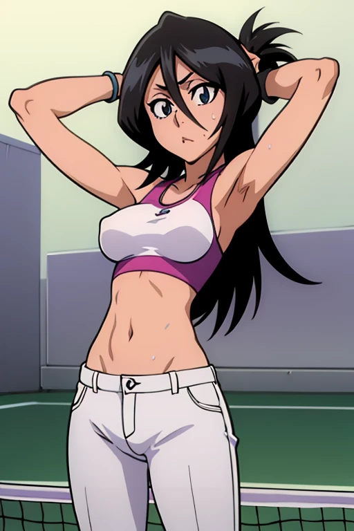 tennis girl's massive nipples out of chest out bare and wet pants spreading her legs, gloved hands hidden behind head, blindfold